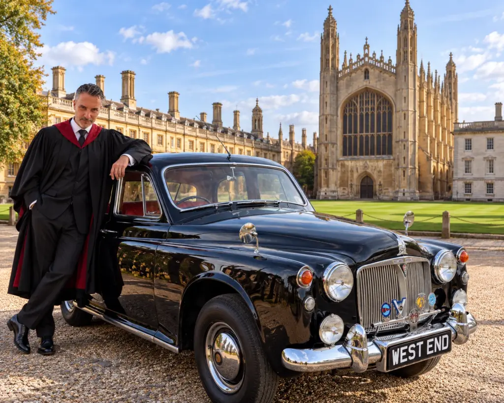 Carlos Gabriel Chada Castro con toga académica junto a un automóvil clásico ante la capilla del King's College, Cambridge