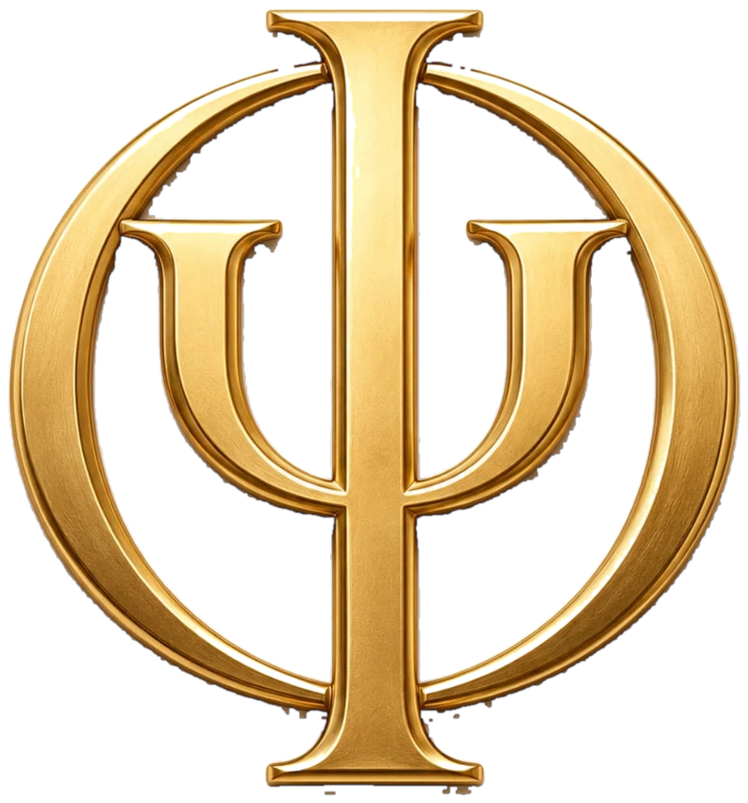 Monograma dorado ΨΦ (Psi y Phi entrelazadas), emblema de DE HVMANÆ ANIMÆ FABRICA