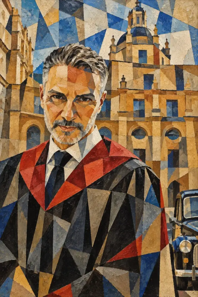 Retrato cubista de Carlos Gabriel Chada Castro con toga académica ante un edificio universitario
