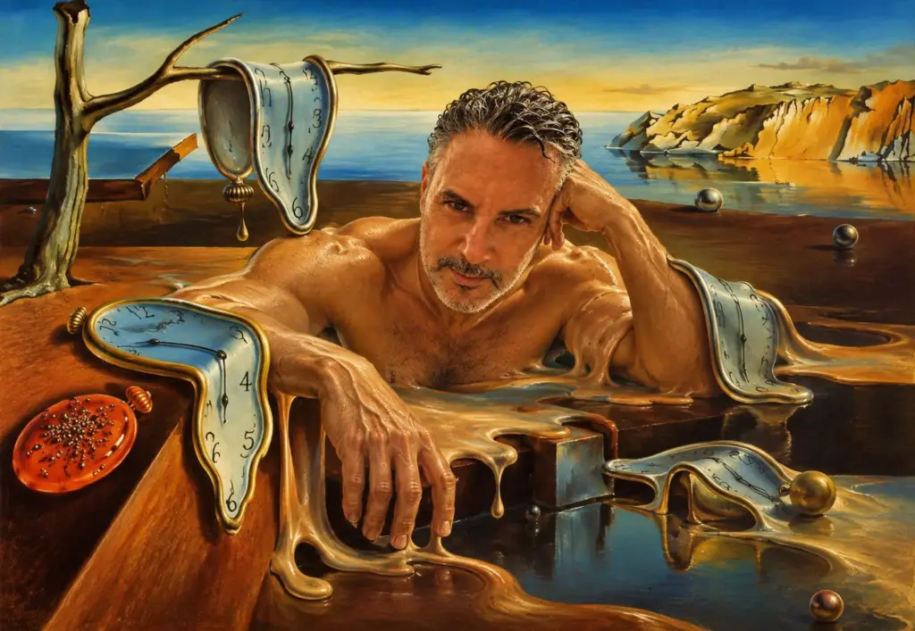 Retrato de Carlos Gabriel Chada Castro en un paisaje surrealista con relojes blandos